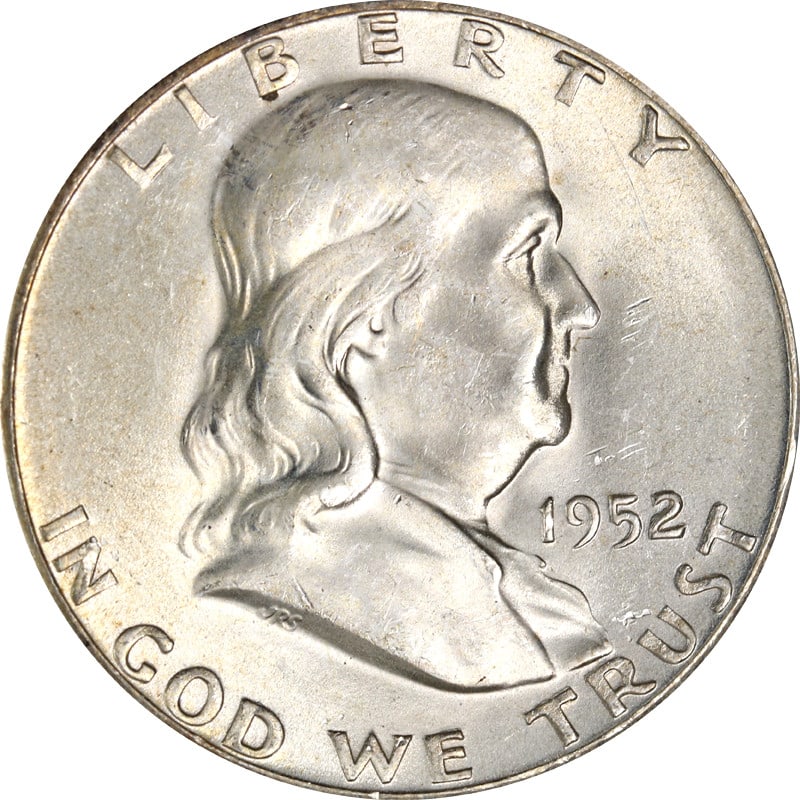 1952 San Francisco Mint Silver Franklin Half Dollar Coin: 1952 San Francisco Mint Silver Franklin Half Dollar Coin This is a 1952-S Franklin Half Dollar, composed of silver with a fineness of 0.9. Minted in the United States at the 'S' mint location, this co