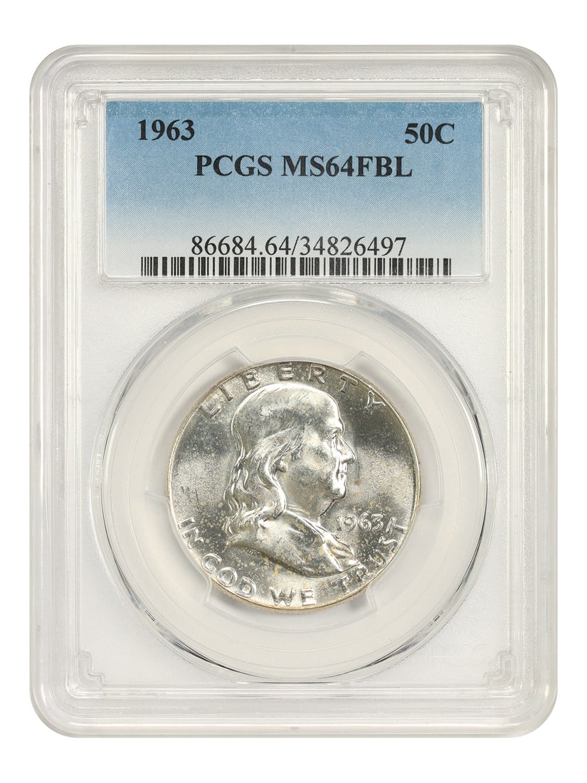 PCGS MS64FBL 1963 Franklin Half Dollar 50C: PCGS MS64FBL 1963 Franklin Half Dollar 50C 1963 Franklin Half Dollar, denomination 50C, struck at the Philadelphia Mint. This uncirculated coin is certified by PCGS and is identified by certification 
