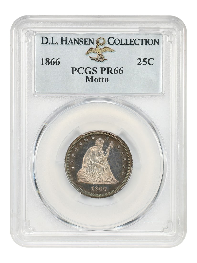 PCGS PR66 1866 Liberty Seated Quarter With Motto ex D.L. Hansen: PCGS PR66 1866 Liberty Seated Quarter With Motto ex D.L. Hansen 1866 Liberty Seated Quarter, Motto type, graded PCGS PR66. Struck in Philadelphia, this proof issue was the first of its type and was pr