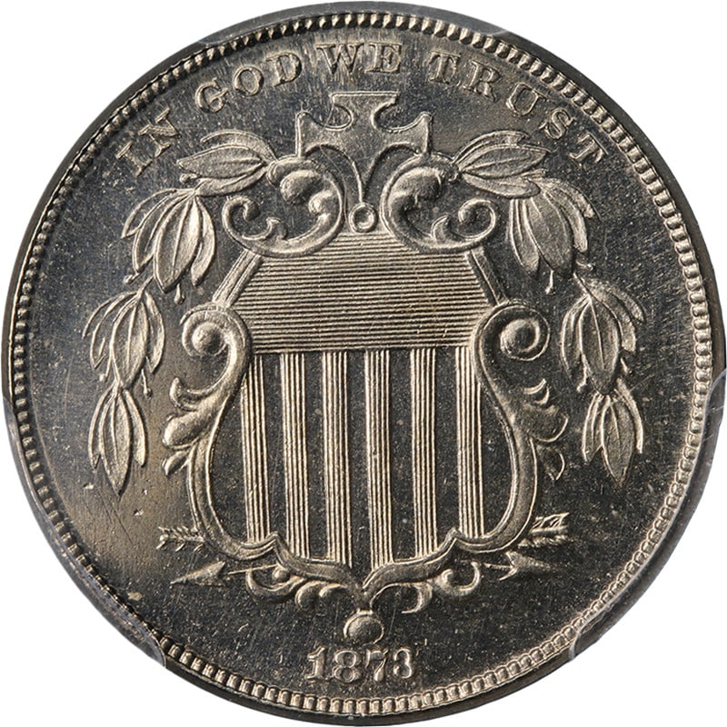PCGS PR64 CAC 1873 Closed 3 Shield Nickel: PCGS PR64 CAC 1873 Closed 3 Shield Nickel Original 1873 Shield Nickel with Closed 3 variety, graded PCGS PR64 and bearing a CAC sticker. This pre-owned coin is described as having superb eye appeal, f