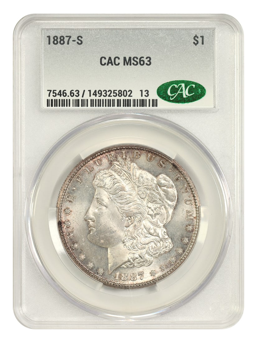 1887-S Morgan Dollar $1 MS63 CACG San Francisco Mint: 1887-S Morgan Dollar $1 MS63 CACG San Francisco Mint 1887-S Morgan Dollar graded MS63 by CACG. This uncirculated $1 coin was minted in San Francisco and carries certification number 149325802. It is c