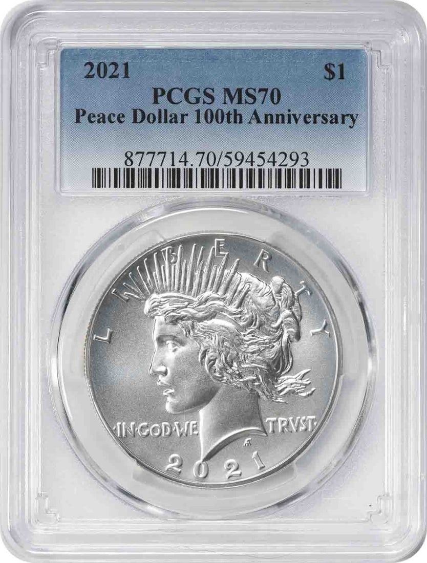 PCGS MS70 2021 United States Peace Silver Dollar $1 Coin: PCGS MS70 2021 United States Peace Silver Dollar $1 Coin 2021 Peace Silver Dollar graded MS70 by PCGS. This uncirculated United States $1 coin is composed of silver and offered in pre-owned condition.