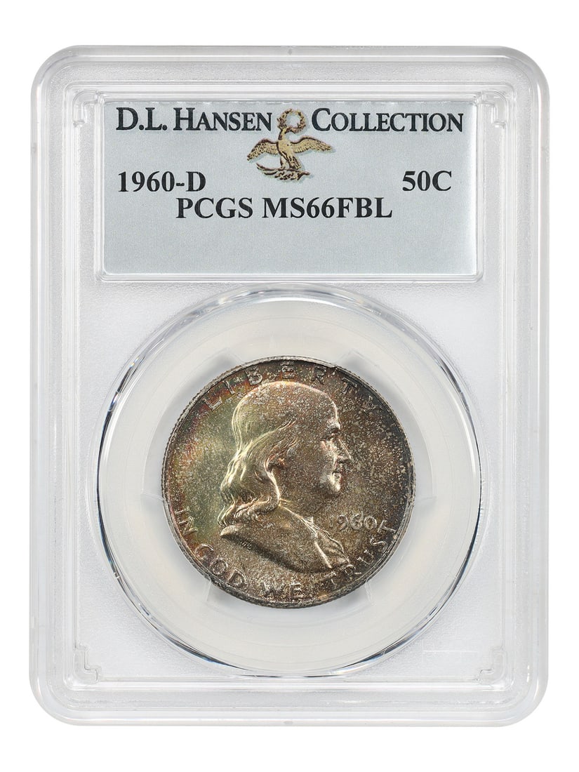 PCGS MS66FBL 1960-D Franklin Half Dollar 50C ex D.L. Hansen: PCGS MS66FBL 1960-D Franklin Half Dollar 50C ex D.L. Hansen 1960-D Franklin Half Dollar certified by PCGS as MS66FBL. This uncirculated example is noted as a tougher date and grade to locate with a fu