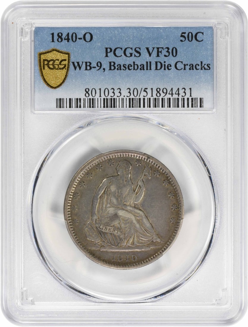 PCGS VF30 1840-O Seated Liberty Half Dollar WB-9: PCGS VF30 1840-O Seated Liberty Half Dollar WB-9 This 1840-O Liberty Seated Silver Half Dollar features the WB-9 Baseball Die Cracks variety and is graded VF30 by PCGS. The coin is composed of silver 