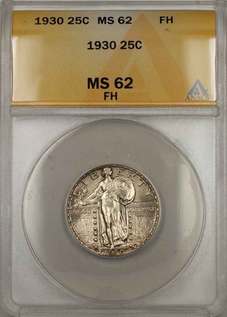 1930 Standing Liberty Quarter Silver Coin ANACS MS-62 Full Head: 1930 Standing Liberty Quarter Silver Coin ANACS MS-62 Full Head This 1930 Standing Liberty Quarter features a silver composition and is graded MS-62 by ANACS with a Full Head designation and light ton