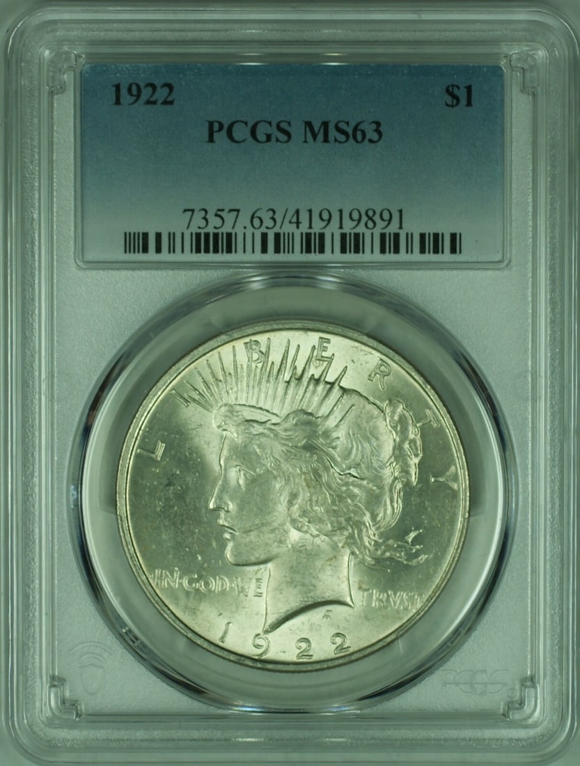 PCGS MS63 1922 Peace Dollar Silver $1: PCGS MS63 1922 Peace Dollar Silver $1 This 1922 Peace Silver Dollar is certified by PCGS with an MS-63 grade, indicating its uncirculated condition. Minted in Philadelphia, this coin features the icon