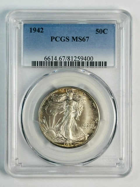 PCGS MS67 1942 Philadelphia Walking Liberty Half Dollar Silver: PCGS MS67 1942 Philadelphia Walking Liberty Half Dollar Silver This 1942 Walking Liberty Half Dollar is graded MS-67 by PCGS. Struck in silver at the Philadelphia Mint, this uncirculated coin is a fin