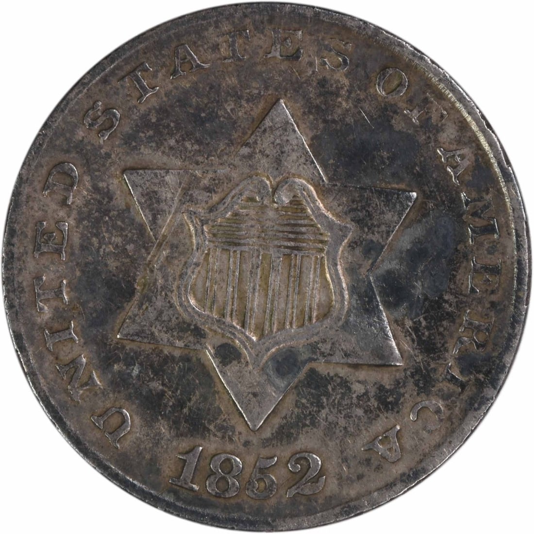 1852 Philadelphia Three Cent Silver Coin AU Grade Uncertified: 1852 Philadelphia Three Cent Silver Coin AU Grade Uncertified This 1852 Three Cent Silver coin from the United States is composed of 75% silver and 25% copper. Designed by James Barton Longacre and mi