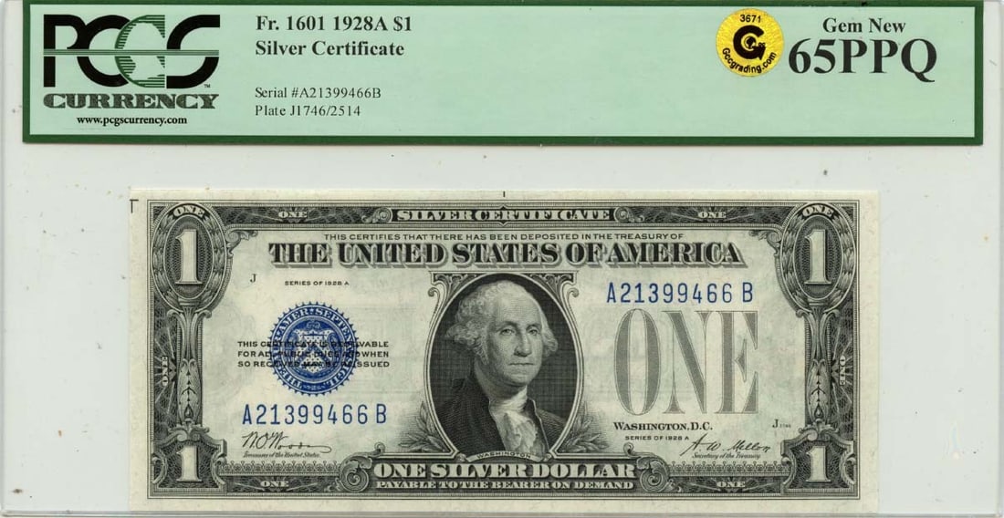 PCGS GEM 65 PPQ 1928A $1 Silver Certificate United States: PCGS GEM 65 PPQ 1928A $1 Silver Certificate United States This 1928A $1 Silver Certificate features the FR#1601 designation and has been graded GEM 65 PPQ by PCGS Currency. It is an uncirculated note 