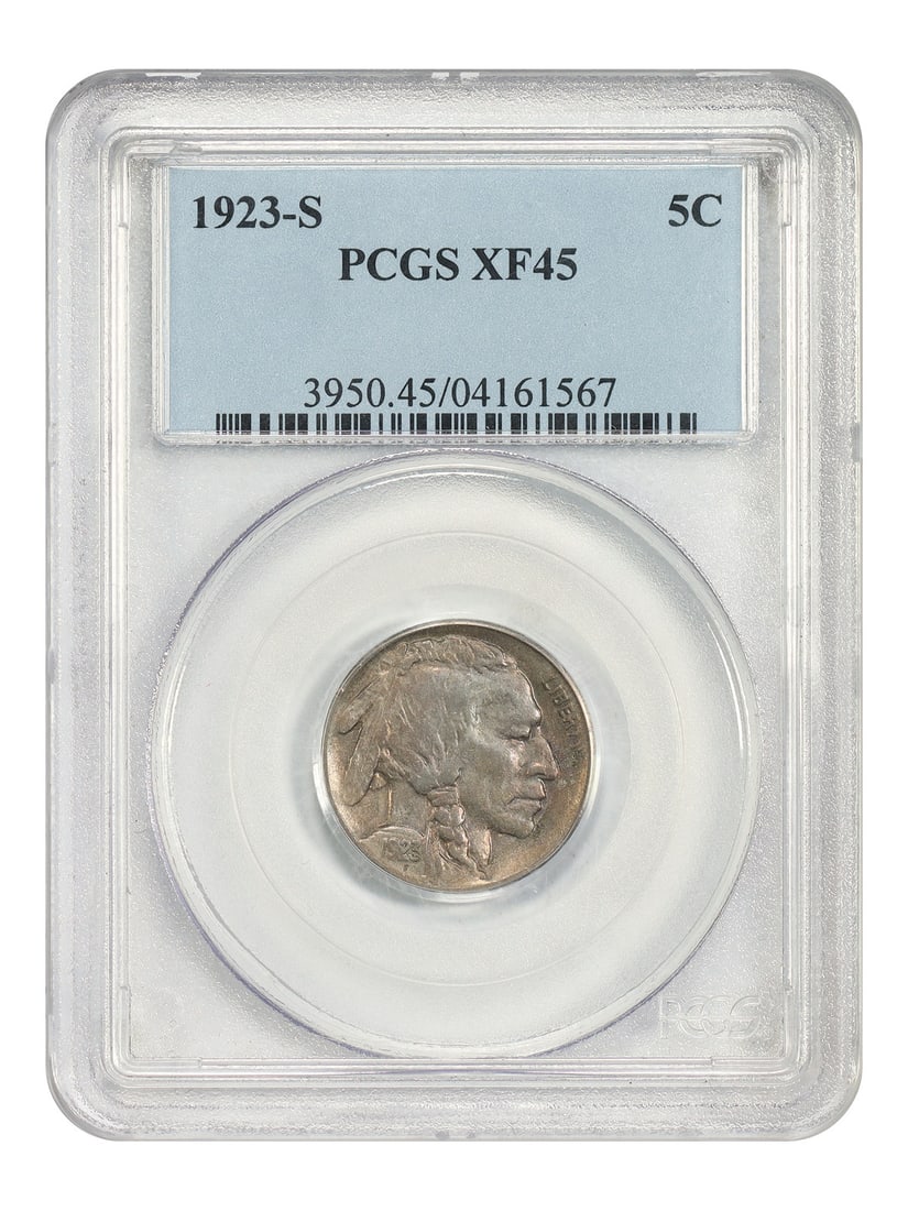 PCGS XF45 1923 S Buffalo Nickel 5C Better Date: PCGS XF45 1923 S Buffalo Nickel 5C Better Date 1923-S Buffalo Nickel certified by PCGS in XF45. This circulated, pre-owned 5C coin is a better date S-Mint issue. Specifications Denomination: 5C Year: 