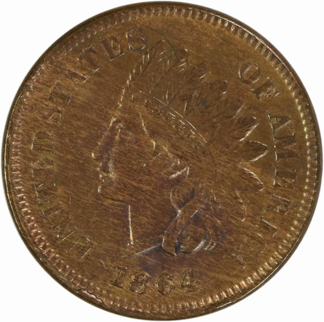 1864 AU Indian Head Small Cent L on Ribbon Uncertified: 1864 AU Indian Head Small Cent L on Ribbon Uncertified 1864 Indian Head small cent with the L on ribbon variety. This circulated, uncertified coin is graded AU and is a pre-owned example from the Unit