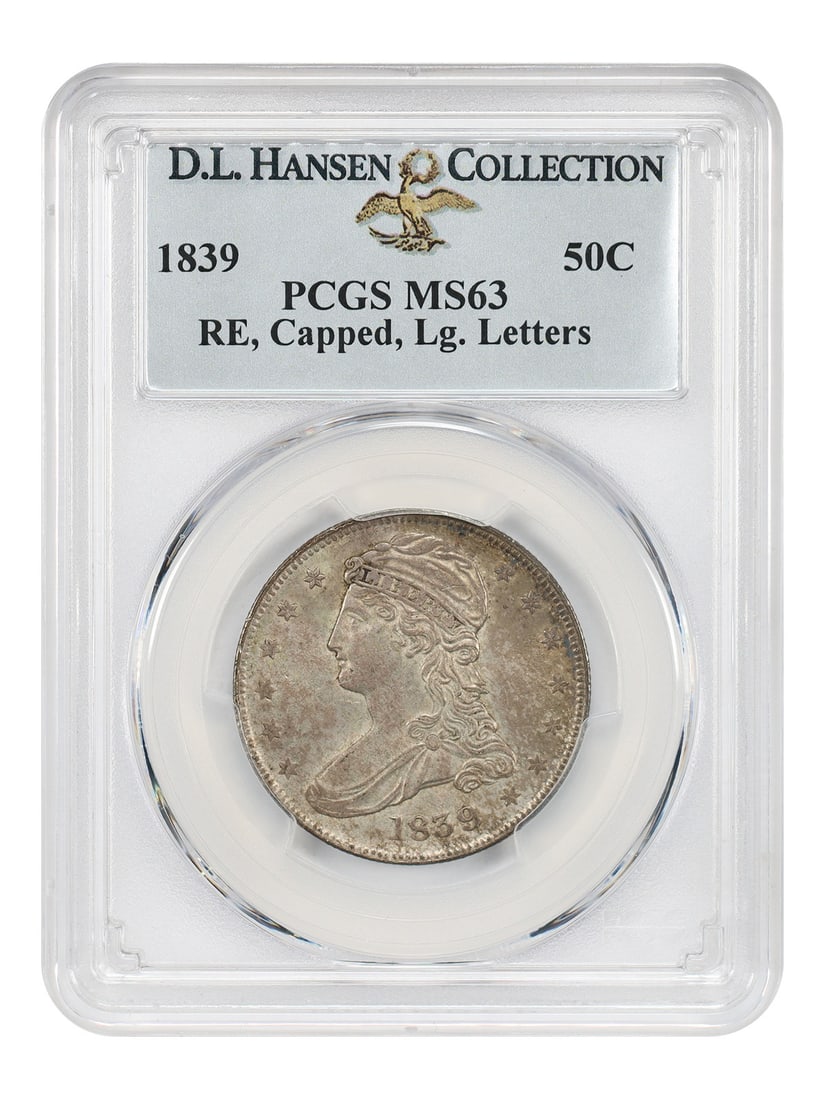 PCGS MS63 1839 Capped Bust Half Dollar 50C Reeded Edge: PCGS MS63 1839 Capped Bust Half Dollar 50C Reeded Edge 1839 Capped Bust half dollar with reeded edge and large letters, graded PCGS MS63. This uncirculated example is an ex: D.L. Hansen piece and feat