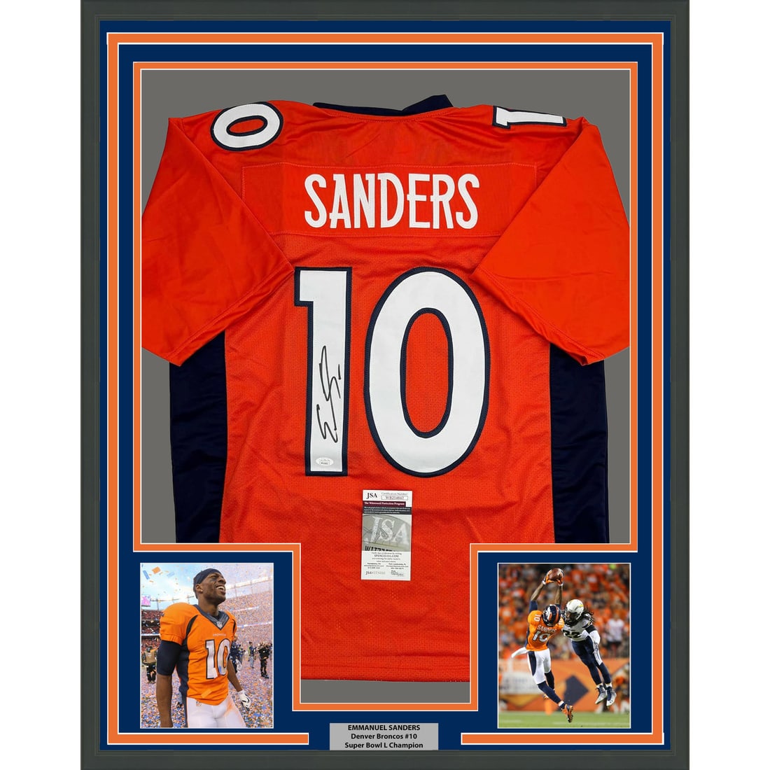 35x39 Framed Emmanuel Sanders Autographed Denver Broncos Orange Jersey JSA: 35x39 Framed Emmanuel Sanders Autographed Denver Broncos Orange Jersey JSA This framed display features an autographed Emmanuel Sanders Denver Broncos orange jersey, authenticated by James Spence Auth