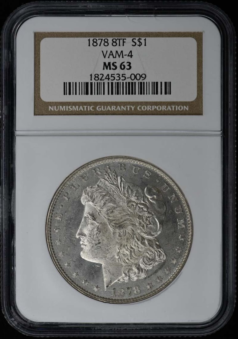 NGC MS63 1878 8TF VAM-4 Morgan Silver Dollar S$1: NGC MS63 1878 8TF VAM-4 Morgan Silver Dollar S$1 1878 8TF Morgan Dollar, graded MS63 by NGC. This pre-owned coin is listed as uncirculated and issued in the United States. Specifications Coin Type: Mo