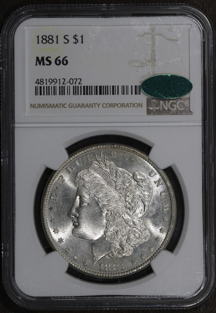 NGC CAC MS66 1881 San Francisco Morgan Silver Dollar Gem Uncirculated: NGC CAC MS66 1881 San Francisco Morgan Silver Dollar Gem Uncirculated This is an 1881 Morgan Silver Dollar from the San Francisco Mint, graded MS66 by NGC and certified by CAC. The coin is composed of