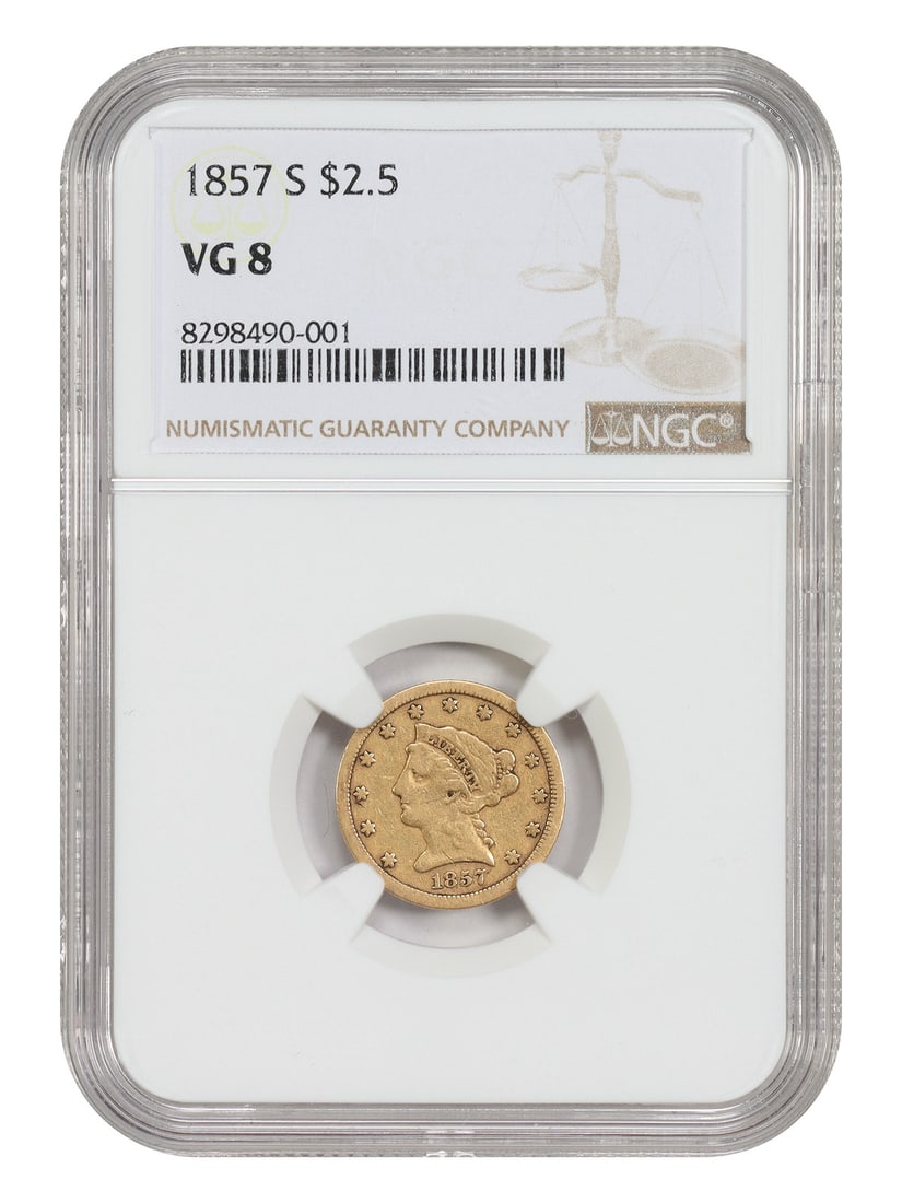 1857-S Liberty Head Quarter Eagle $2.50 NGC VG08: 1857-S Liberty Head Quarter Eagle $2.50 NGC VG08 1857-S Liberty Head $2.50 Quarter Eagle certified by NGC in VG08 circulated condition. This San Francisco issue has a mintage of 69,200 coins and is a 