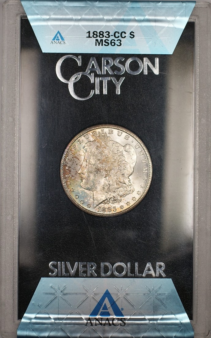 Carson City 1883-CC Morgan Silver Dollar ANACS MS-63 GSA Toned With COA and Box: Carson City 1883-CC Morgan Silver Dollar ANACS MS-63 GSA Toned With COA and Box This is an 1883-CC Morgan Silver Dollar from the GSA Hoard, certified by ANACS with a grade of MS-63. The coin is uncirc