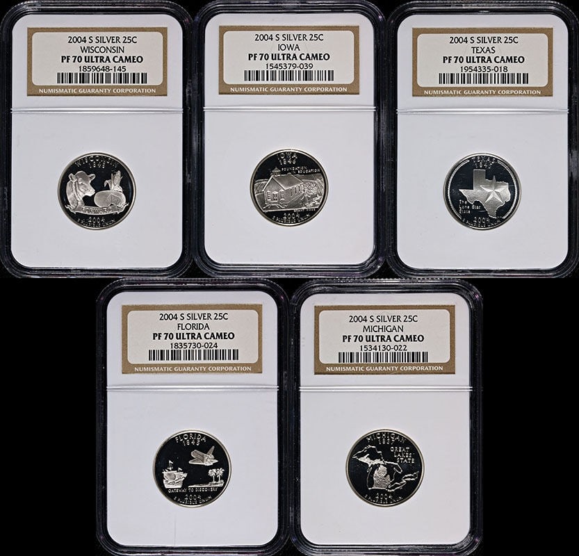 Five 2004-S Silver State Quarters Proof Set NGC PF70 Ultra Cameo: Five 2004-S Silver State Quarters Proof Set NGC PF70 Ultra Cameo This 2004-S Statehood Quarters Silver Proof 5-piece set features coins certified as NGC PF70 Ultra Cameo. Each uncirculated coin is com
