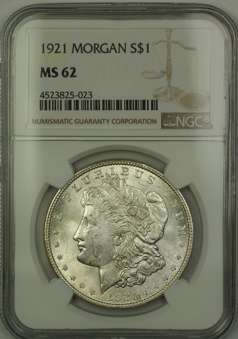 NGC MS-62 1921 Morgan Dollar $1 Silver: NGC MS-62 1921 Morgan Dollar $1 Silver This 1921 Morgan Silver Dollar is a $1 coin from the United States, minted in Philadelphia. Graded MS 62 by NGC, it is an uncirculated example of the iconic Morg