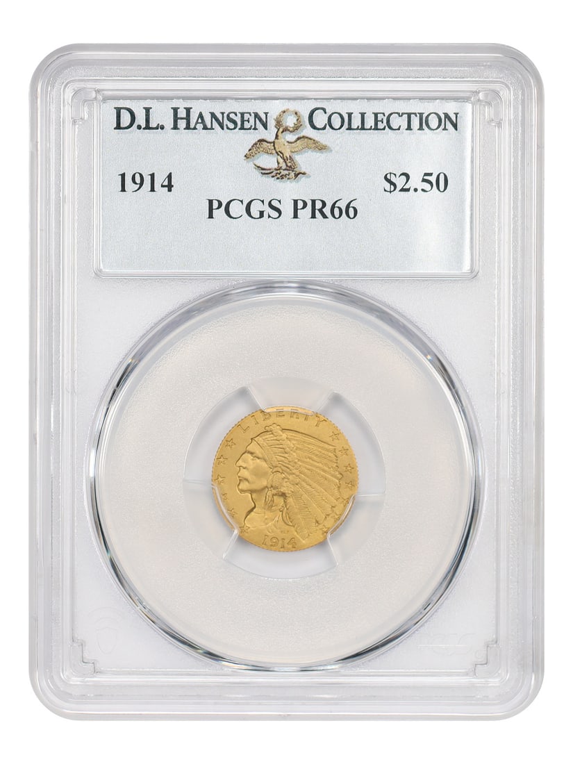 PCGS PR66 1914 Indian Quarter Eagle ex D.L. Hansen Proof: PCGS PR66 1914 Indian Quarter Eagle ex D.L. Hansen Proof This 1914 $2.50 Indian quarter eagle is a PCGS PR66 Matte Proof from Philadelphia. It displays the iconic incuse design by Bella Lyon Pratt and