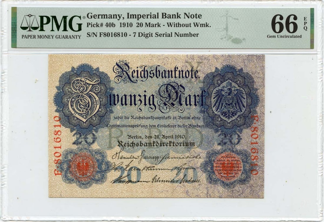 Germany 1910 Imperial Bank Note 20 Mark Pick 40b PMG 66 EPQ (1 of 2)
