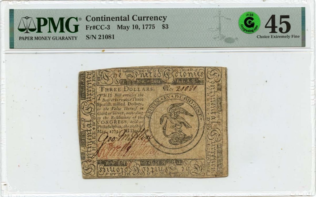1775 $3 Continental Currency Note PMG XF45 Certified: 1775 $3 Continental Currency Note PMG XF45 Certified This item is a $3 Continental Currency note issued on May 10, 1775. It has been certified by PMG with a grade of XF45, indicating its choice condit