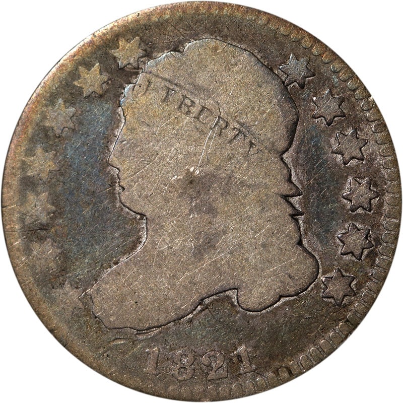 1821 Small Date Silver Bust Dime United States Circulated Coin: 1821 Small Date Silver Bust Dime United States Circulated Coin This 1821 Bust Dime features the sought-after Small Date variety. The coin is composed of silver and was minted in the United States. It 
