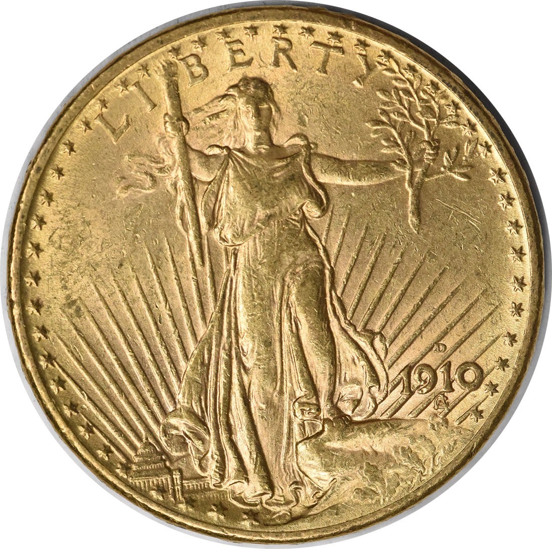 1910-D Saint Gaudens $20 Gold Coin AU58 Uncertified: 1910-D Saint Gaudens $20 Gold Coin AU58 Uncertified This is a 1910-D $20 Gold St. Gaudens coin designed by Augustus St. Gaudens and minted in Denver. The coin is composed of 90% gold and 10% copper, h