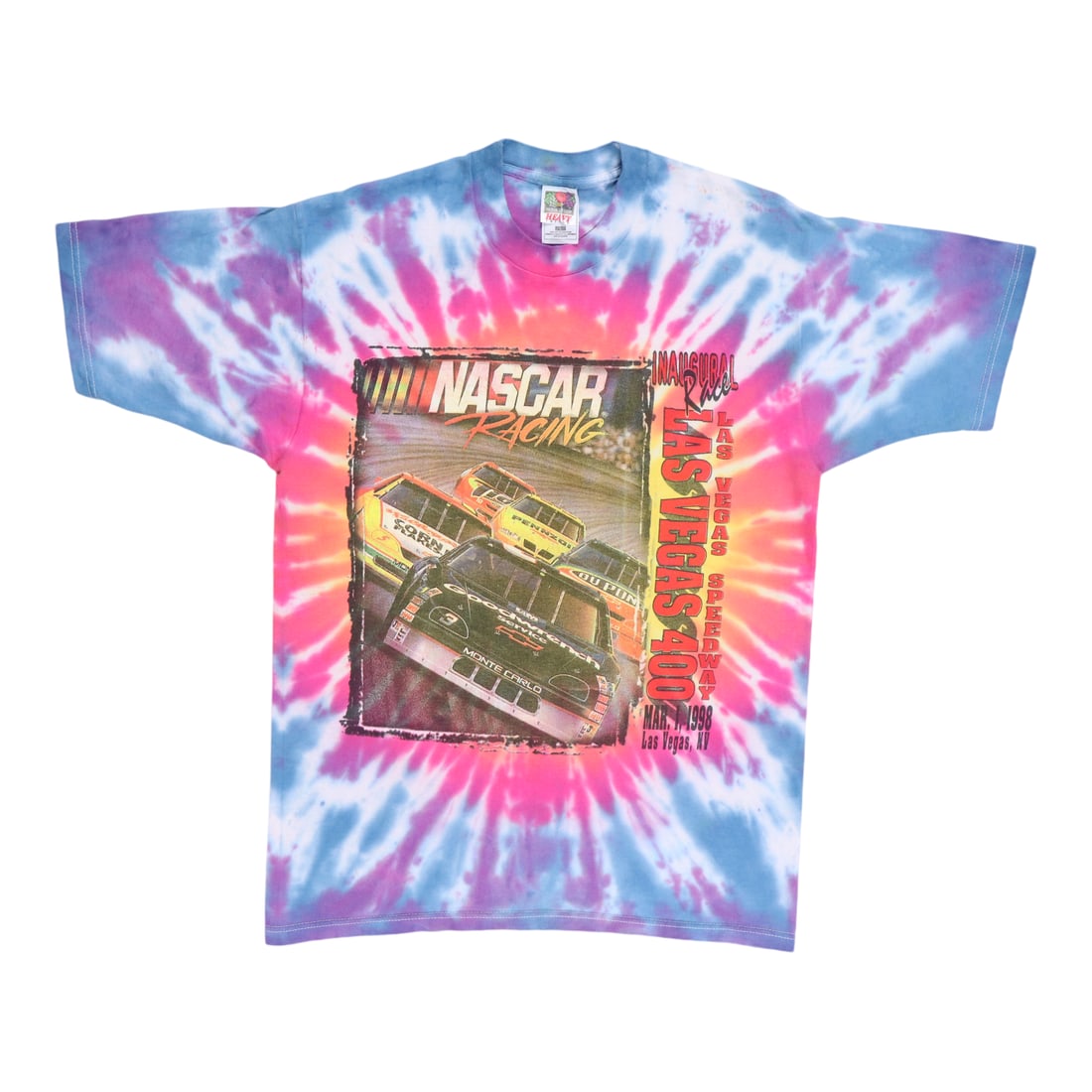 Vintage 1998 Las Vegas 400 NASCAR Tie Dye Cotton Shirt: Vintage 1998 Las Vegas 400 NASCAR Tie Dye Cotton Shirt This is an original vintage 1998 NASCAR Racing Las Vegas 400 tie dye shirt featuring both front and back graphics. Made from 100% cotton, the shi