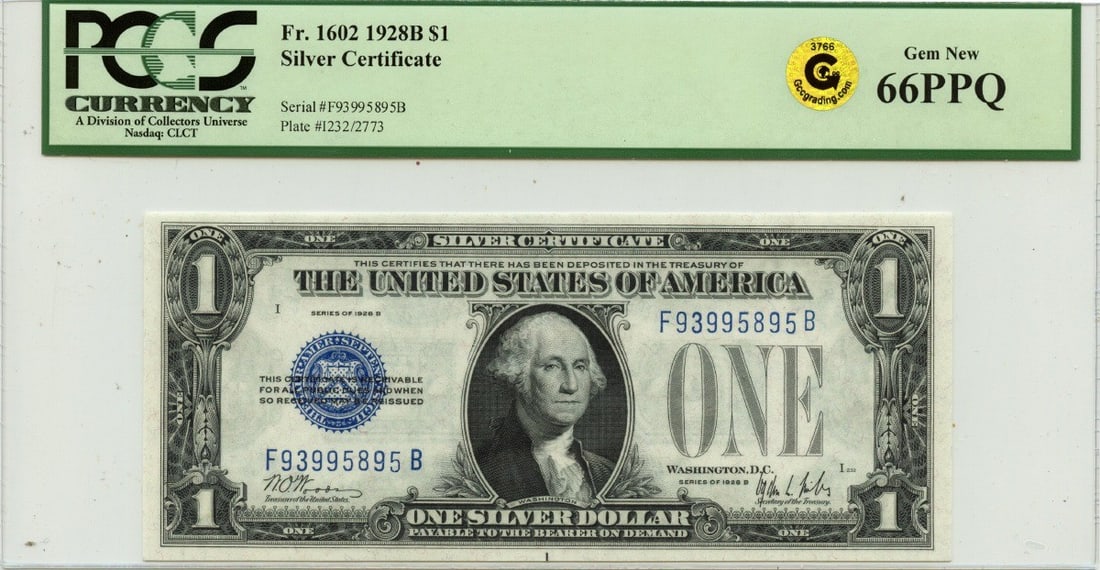 1928B $1 Silver Certificate Fr#1602 PCGS GEM 66 PPQ: 1928B $1 Silver Certificate Fr#1602 PCGS GEM 66 PPQ This 1928B $1 Silver Certificate, designated as Fr#1602, is graded as GEM 66 by PCGS Currency, ensuring its exceptional quality. The note is uncircu
