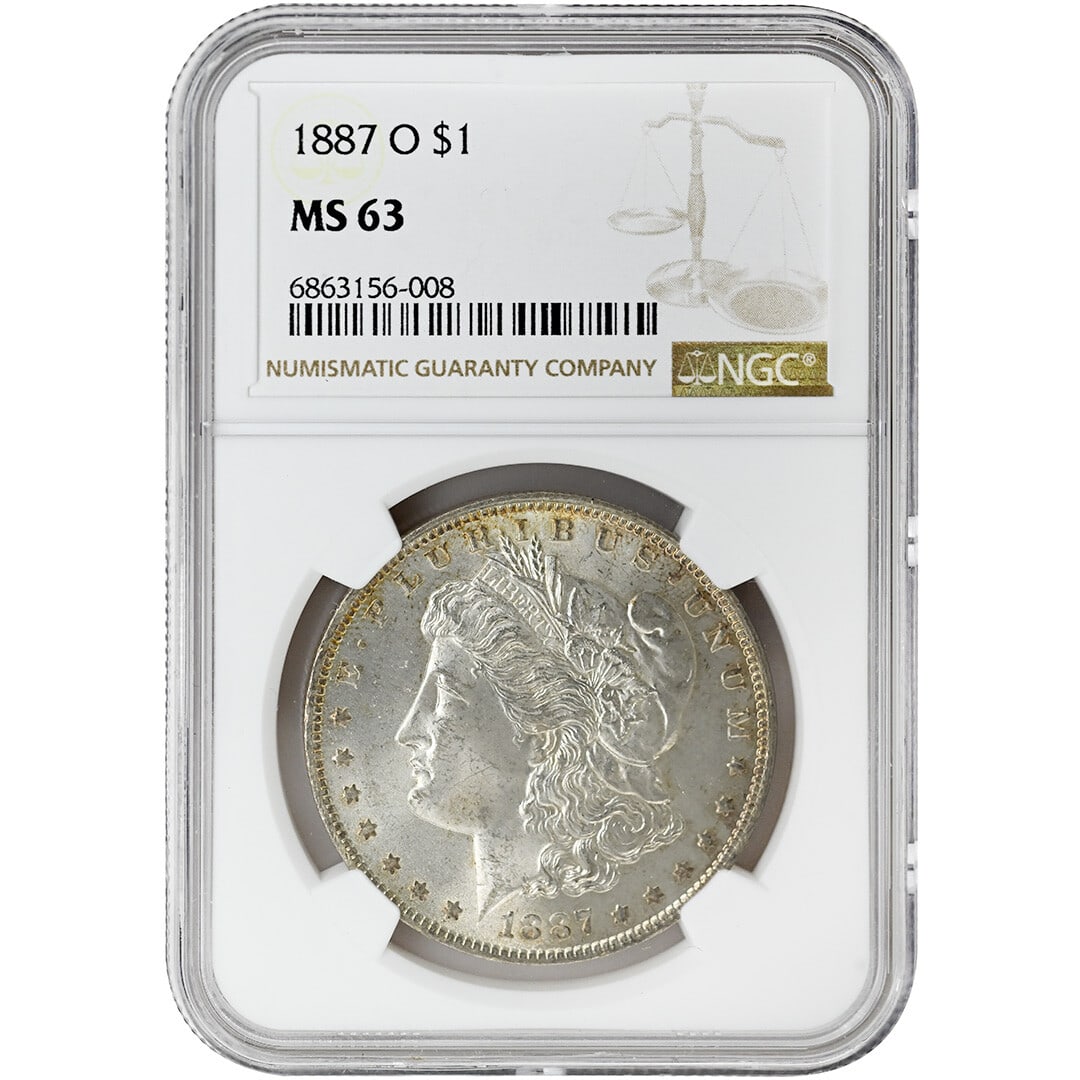 NGC MS63 1887 O Morgan Silver Dollar: NGC MS63 1887 O Morgan Silver Dollar This 1887-O Morgan Dollar is an uncirculated silver coin from the United States, minted in New Orleans. It has been professionally graded MS63 by NGC, indicating i