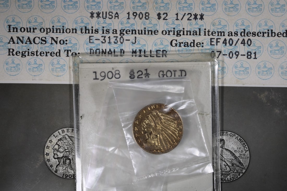 1908 Gold Indian Quarter Eagle $2.50 ANACS XF40: 1908 Gold Indian Quarter Eagle $2.50 ANACS XF40 This 1908 $2.50 Gold Indian Quarter Eagle is a beautiful piece of numismatic history. Struck in gold and issued by the Philadelphia Mint, this coin feat