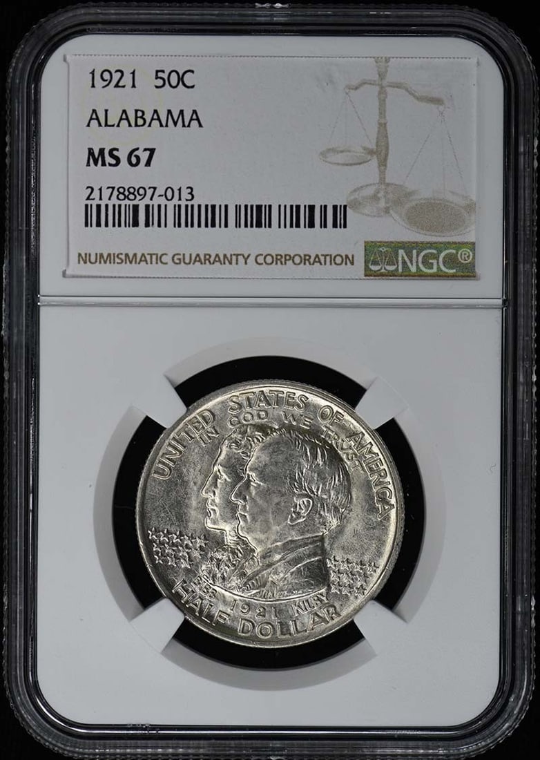 1921 Alabama Silver 50C NGC MS67 Commemorative: 1921 Alabama Silver 50C NGC MS67 Commemorative This is a 1921 Alabama Silver Commemorative Half Dollar, graded MS67 by NGC. Struck at the Philadelphia Mint, this uncirculated coin is a pre-owned colle
