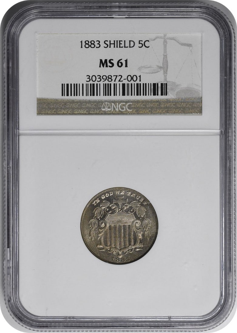 NGC MS61 1883 United States Shield 5C Nickel: NGC MS61 1883 United States Shield 5C Nickel 1883 Shield Nickel certified by NGC and graded MS61. This uncirculated United States 5-cent coin features the Shield design by James Barton Longacre and is