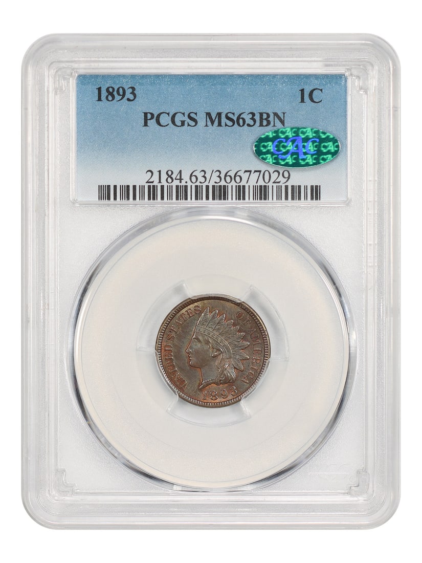 Indian Cent 1893 1C PCGS CAC MS63BN: Indian Cent 1893 1C PCGS CAC MS63BN 1893 Indian Cent certified by PCGS and bearing a CAC designation. This uncirculated example is graded MS63BN and is offered as a pre-owned coin. Specifications Deno