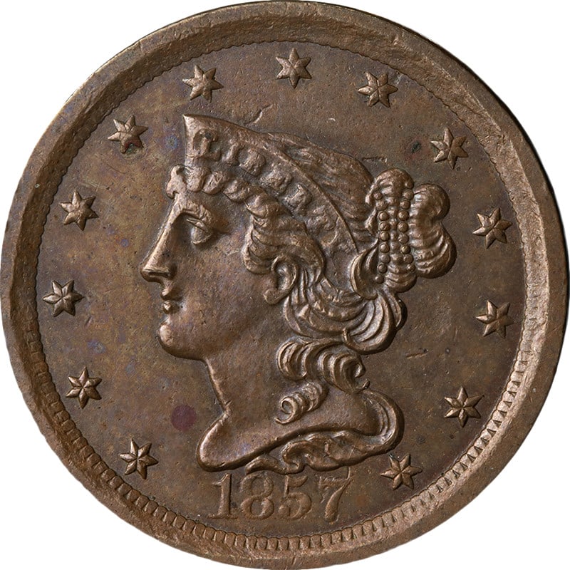 1857 United States Braided Hair Half Cent Copper AU BU C-1 R.2: 1857 United States Braided Hair Half Cent Copper AU BU C-1 R.2 Original 1857 Braided Hair Half Cent with Choice AU/BU C-1 R.2 grade. This copper coin is described as having great eye appeal, nice lust