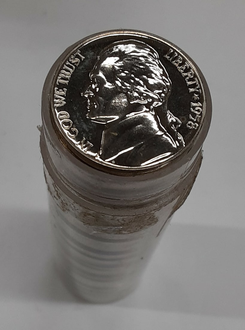 Roll of 40 1958 Jefferson Proof Nickels in Tube: Roll of 40 1958 Jefferson Proof Nickels in Tube This is a roll of 40 uncirculated 1958 Proof Jefferson Nickels from the United States, each struck at the Philadelphia Mint. The coins are composed of c