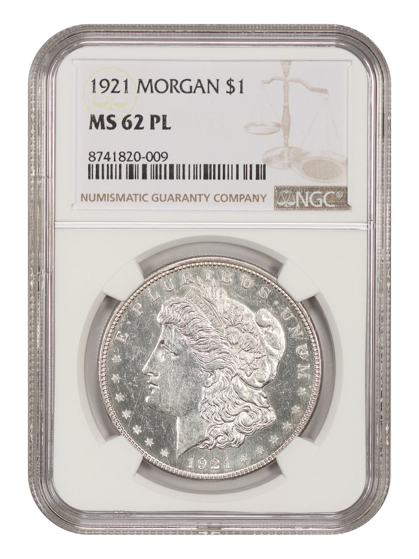 NGC MS62PL 1921 Morgan Silver Dollar $1 Philadelphia: NGC MS62PL 1921 Morgan Silver Dollar $1 Philadelphia 1921 Morgan Dollar certified by NGC as MS62PL. This uncirculated example is described as a lustrous coin with nicely contrasting mirrors. Pre-owned