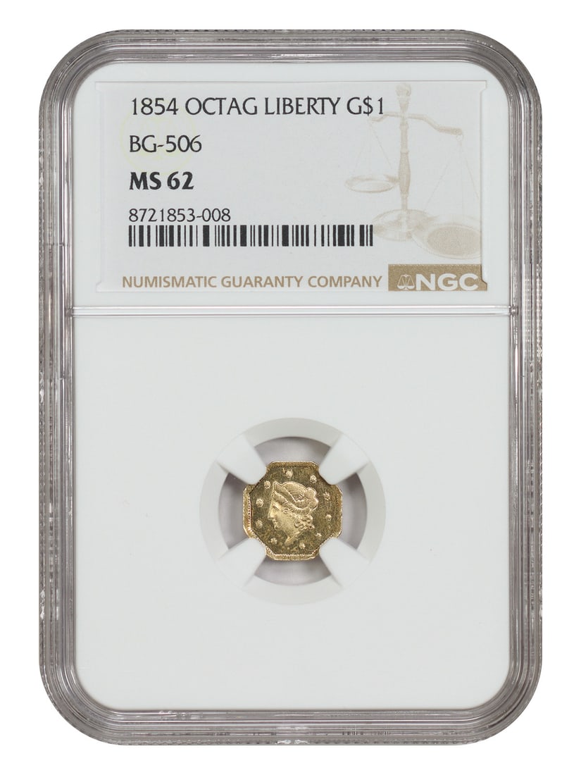 1854 California Fractional Gold G$1 NGC MS62 BG-506: 1854 California Fractional Gold G$1 NGC MS62 BG-506 1854 California Fractional Gold $1, BG-506, certified by NGC as MS62. This very rare Period One variety features reverse initials FD identifying the