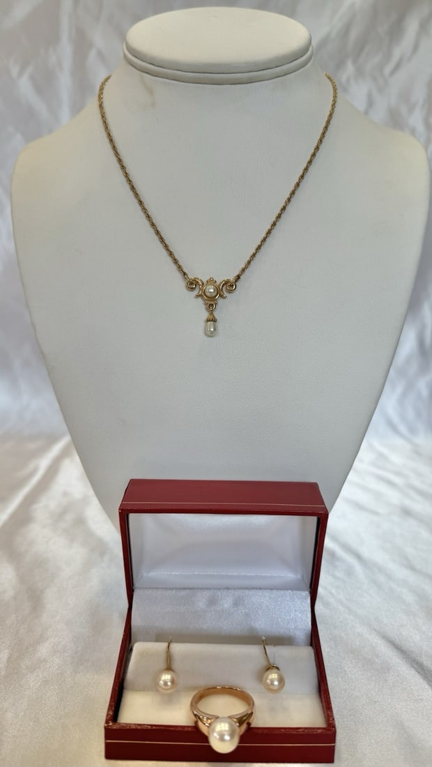 James Avery 14k Gold Pearl Jewelry Set Necklace Ring Earrings (1 of 11)