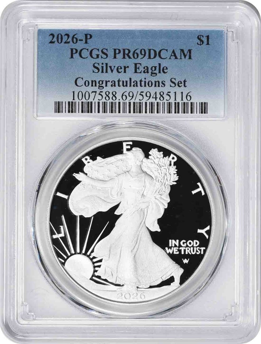 PCGS PR69DCAM 2026-P American Silver Eagle Proof 1 oz Coin: PCGS PR69DCAM 2026-P American Silver Eagle Proof 1 oz Coin 2026-P American Silver Eagle Congratulations Set coin certified by PCGS and graded PR69DCAM. This proof strike silver coin contains 1 oz of .
