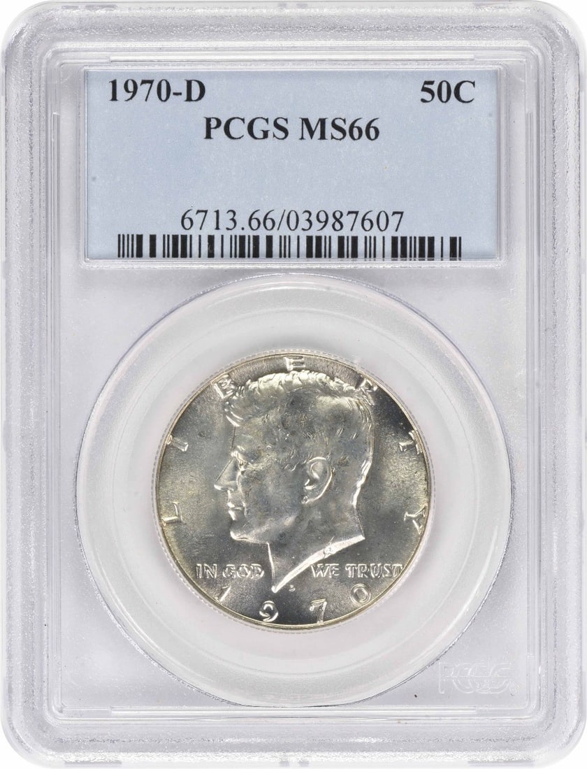 PCGS MS66 1970 D Kennedy 50C Half Dollar: PCGS MS66 1970 D Kennedy 50C Half Dollar 1970-D Kennedy Half Dollar graded MS66 by PCGS. This uncirculated United States 50C coin features a 40% silver and 60% copper composition and a reeded edge. Pr