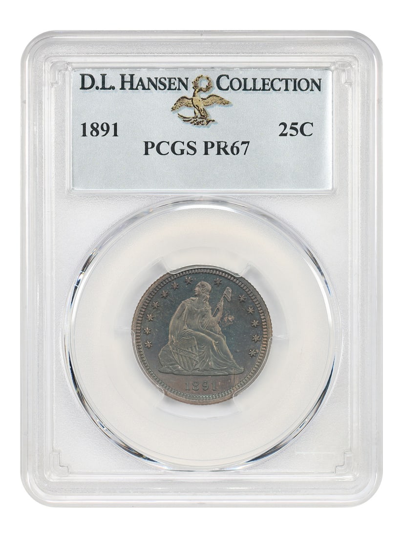 PCGS PR67 1891 Liberty Seated Quarter 25C ex D.L. Hansen: PCGS PR67 1891 Liberty Seated Quarter 25C ex D.L. Hansen 1891 Liberty Seated Quarter, denomination 25C, certified by PCGS as PR67 and pedigreed ex: D.L. Hansen. This is the final year of issue, with