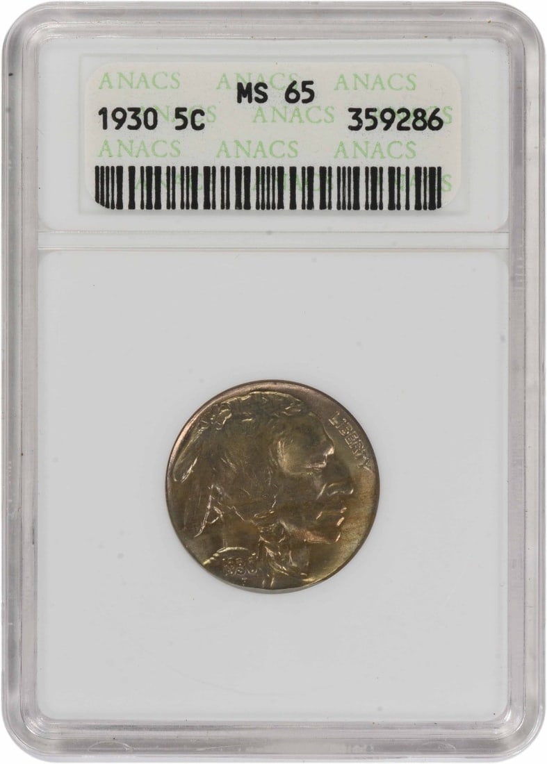 1930 Philadelphia Buffalo Nickel ANACS MS65 Certified Uncirculated: 1930 Philadelphia Buffalo Nickel ANACS MS65 Certified Uncirculated This is a 1930 Buffalo Nickel from the United States, certified by ANACS with a grade of MS65. The coin is uncirculated and was minte