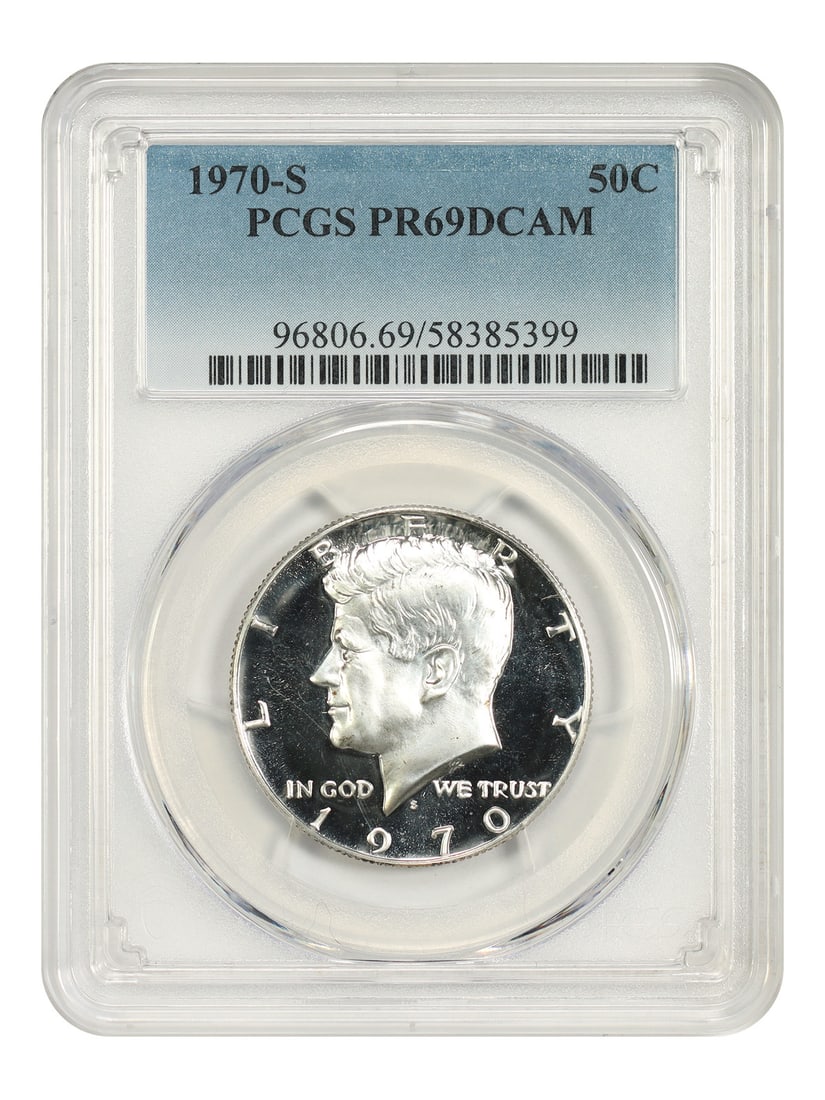 Kennedy Half Dollar 1970-S 50C PCGS PR69DCAM: Kennedy Half Dollar 1970-S 50C PCGS PR69DCAM 1970-S Kennedy Half Dollar certified by PCGS as PR69DCAM. This pre-owned coin is listed as uncirculated. Specifications Denomination: 50C Year: 1970 Mint L