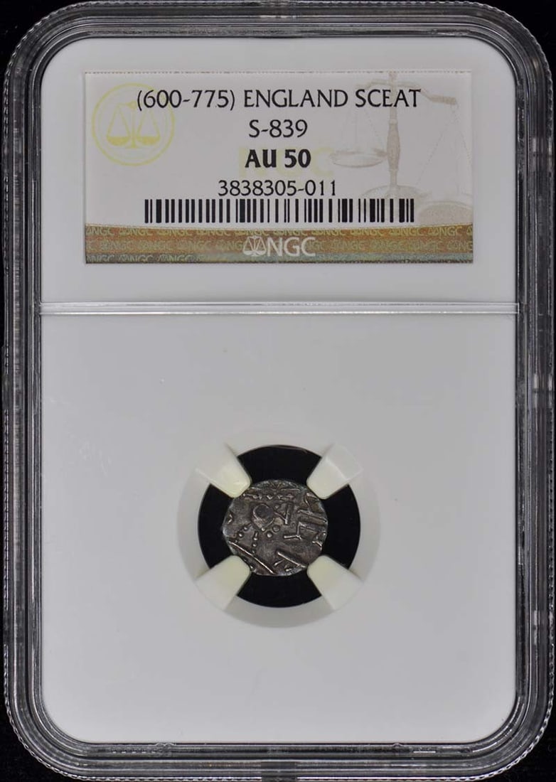 NGC AU50 S-839 Sceat Coin from England Circa 600-775 AD: NGC AU50 S-839 Sceat Coin from England Circa 600-775 AD This is a Sceat coin from England, dating to approximately 600-775 AD. The coin is certified by NGC and has been graded AU50. It is a circulated