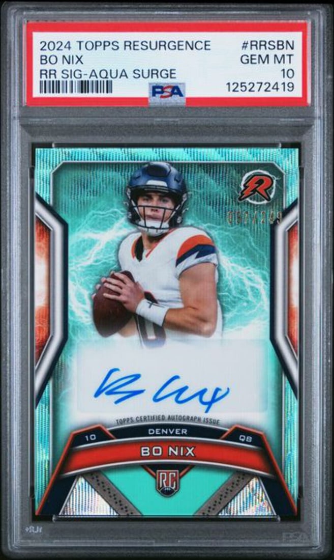 PSA 10 Bo Nix Rookie Aqua Auto 2024 Topps Resurgence Card #RRSNB 249: PSA 10 Bo Nix Rookie Aqua Auto 2024 Topps Resurgence Card #RRSNB 249 This is an original 2024 Topps Resurgence Bo Nix #RRSNB Aqua Rookie Auto Card, serial numbered to 249. The card features an authent
