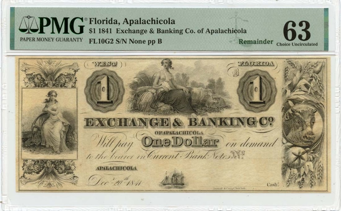Exchange and Banking Company Apalachicola 1841 $1 Note PMG Certified Uncirculated: Exchange and Banking Company Apalachicola 1841 $1 Note PMG Certified Uncirculated This is an 1841 $1 obsolete banknote issued by the Exchange & Banking Co. of Apalachicola, Florida. The note is certif