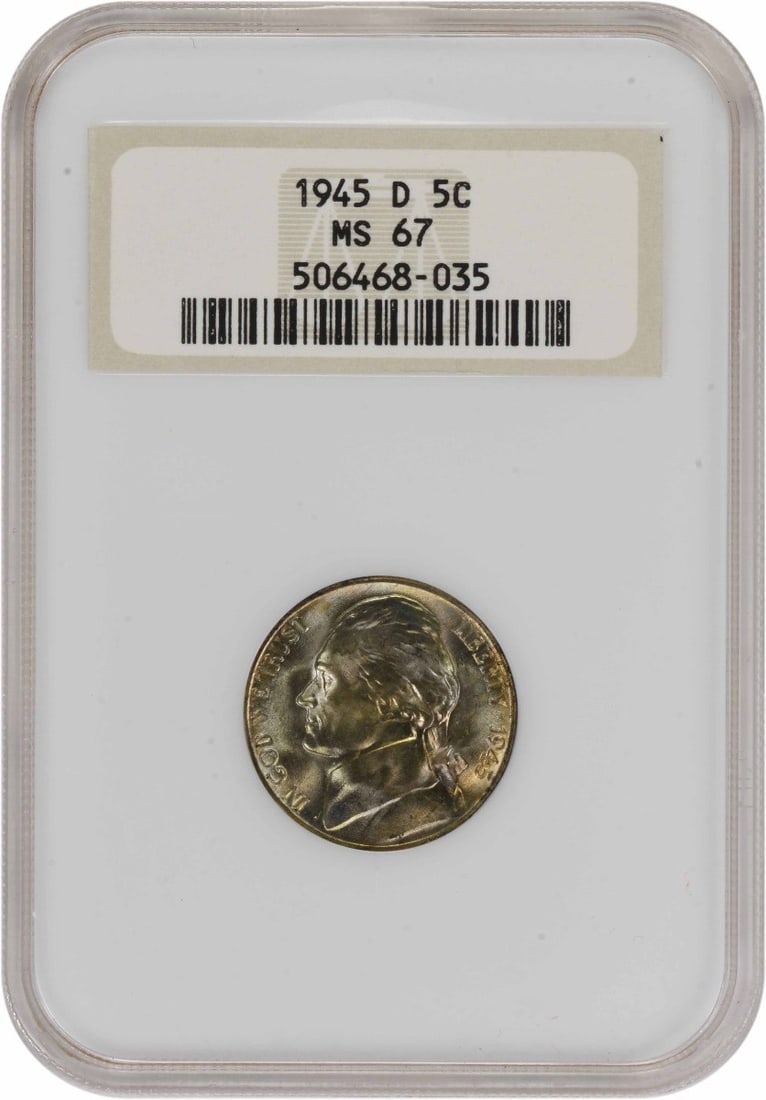 NGC MS67 1945-D Jefferson 5C Denver Nickel: NGC MS67 1945-D Jefferson 5C Denver Nickel This is a 1945-D Jefferson Nickel graded MS67 by NGC. The coin is uncirculated and was minted in Denver. Designed by Felix Schlag, it is composed of 56% copp