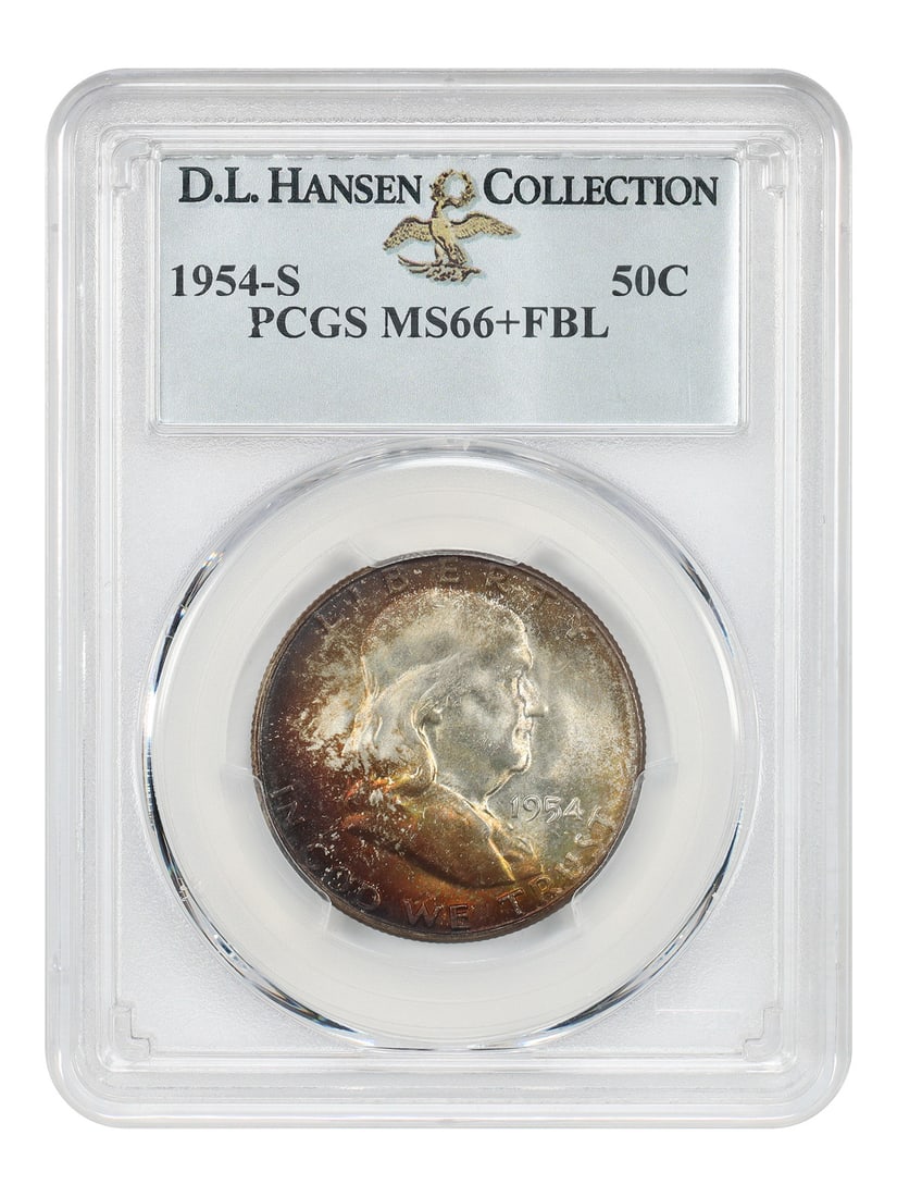 PCGS MS66+FBL 1954-S Franklin Half Dollar ex D.L. Hansen: PCGS MS66+FBL 1954-S Franklin Half Dollar ex D.L. Hansen 1954-S Franklin Half Dollar certified by PCGS as MS66+FBL. This uncirculated, pre-owned coin displays satiny to frosty mint luster and distinct